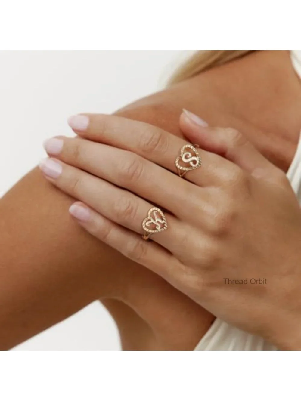 14K Gold Plated Heart Initial Ring - Adjustable Vintage Statement Ring